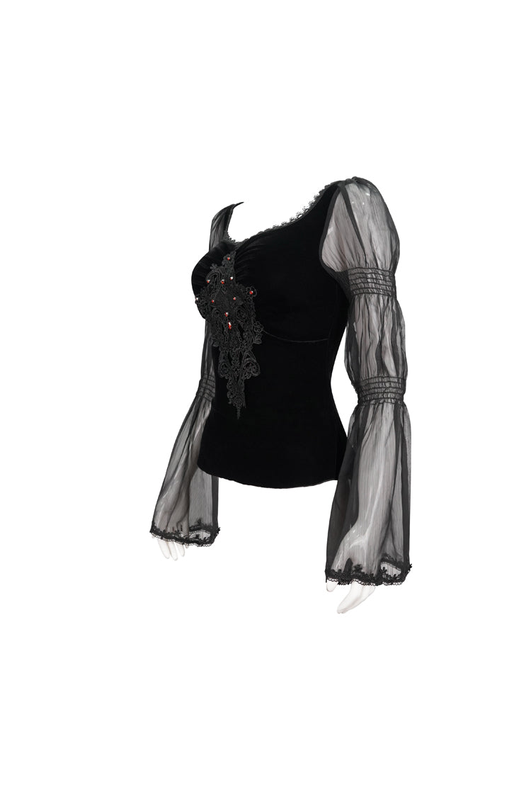 Black Velvet Paneled Chiffon Long Sleeves Chest Applique With Blood Red Diamonds Women's Gothic T-Shirt - Product - 9