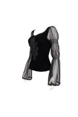Black Velvet Paneled Chiffon Long Sleeves Chest Applique With Blood Red Diamonds Women's Gothic T-Shirt - Product - 9