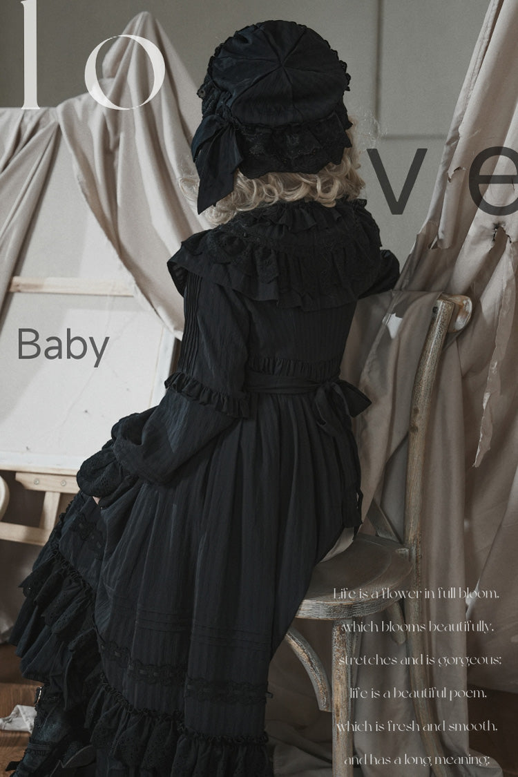 Black [Good Night] Long Sleeves Double-Layered Ruffle Bowknot Lace-Up Holy Gothic Lolita Dress - Product - 7