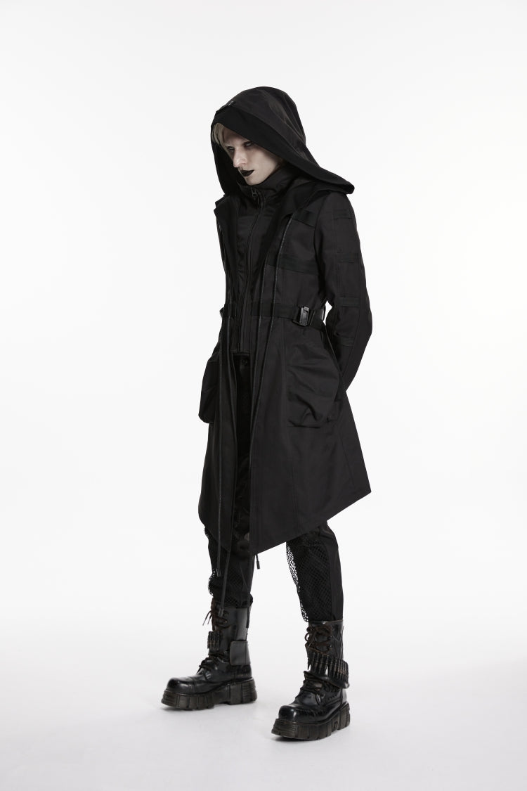 Black Stand Collar Long Sleeves Hooded Faux Two-Piece Zippered Men's Punk Big Pockets Strappy Jacket - Product - 6