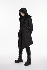 Black Stand Collar Long Sleeves Hooded Faux Two-Piece Zippered Men's Punk Big Pockets Strappy Jacket - Product - 6