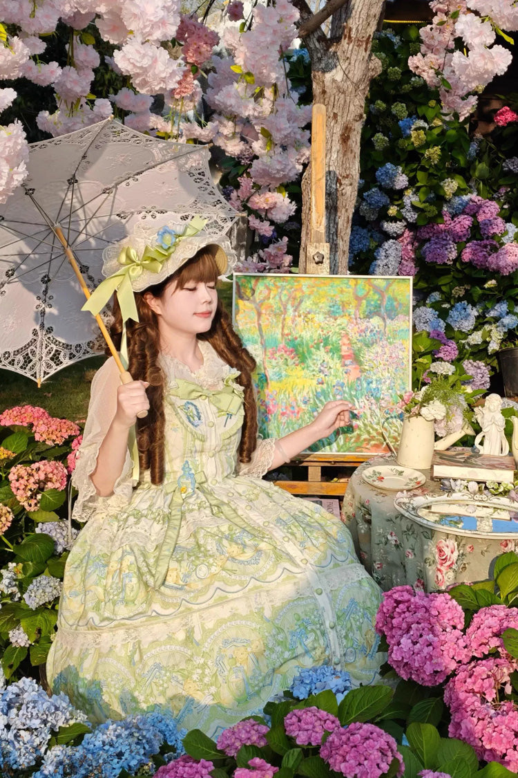 Ivory/Green [Lily of the Valley Perfume] Pearl Candy Tea Doll Collar Sleeveless Printed Lace Plus Size Sweet Lolita Jsk Dress - Product - 7