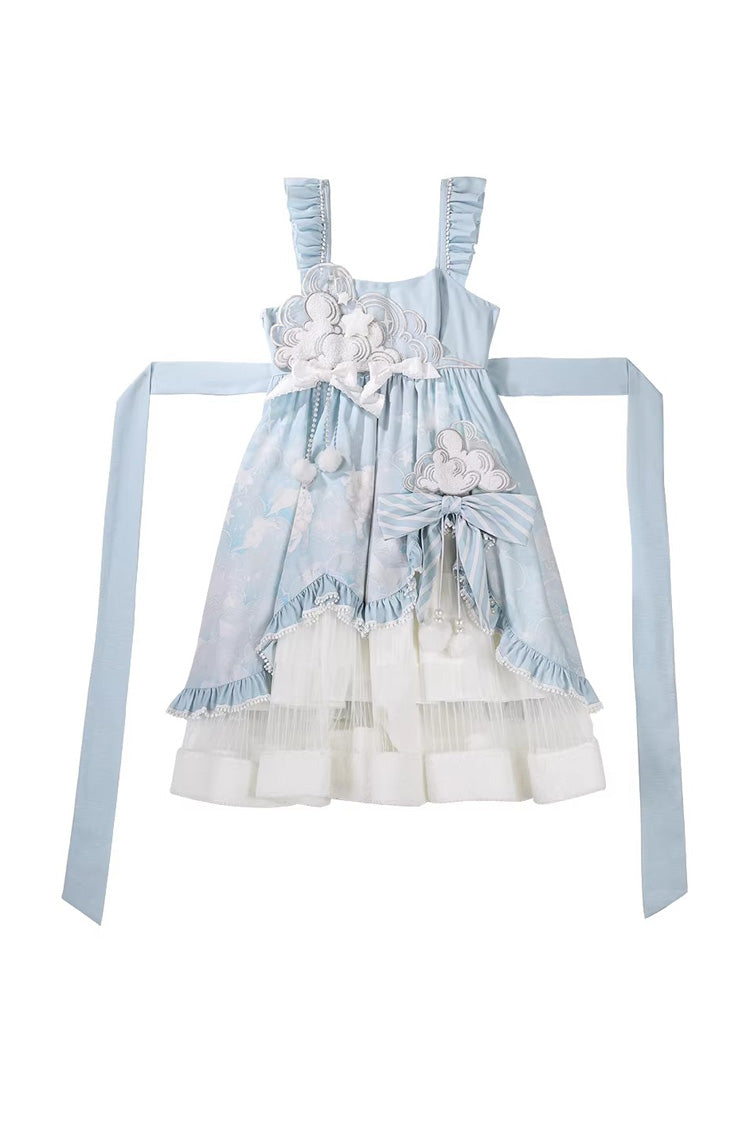 Blue [Cloud Dreamland] Cut-Out Embroidered Bow Lace Asymmetric Sweet Elegant Lolita Jsk Dress Set - Dress(Only) - 8