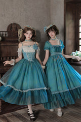 Blue/Green [Water Lily] Square Collar Ruffled Lace-Up Sweet Royal Lolita Dress 2 Versions - Product - 10