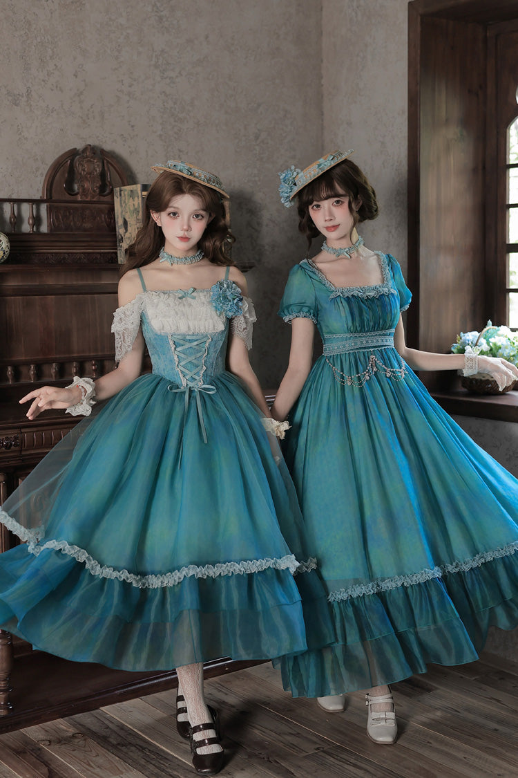 Blue/Green [Water Lily] Square Collar Ruffled Lace-Up Sweet Royal Lolita Dress 2 Versions - Product - 10