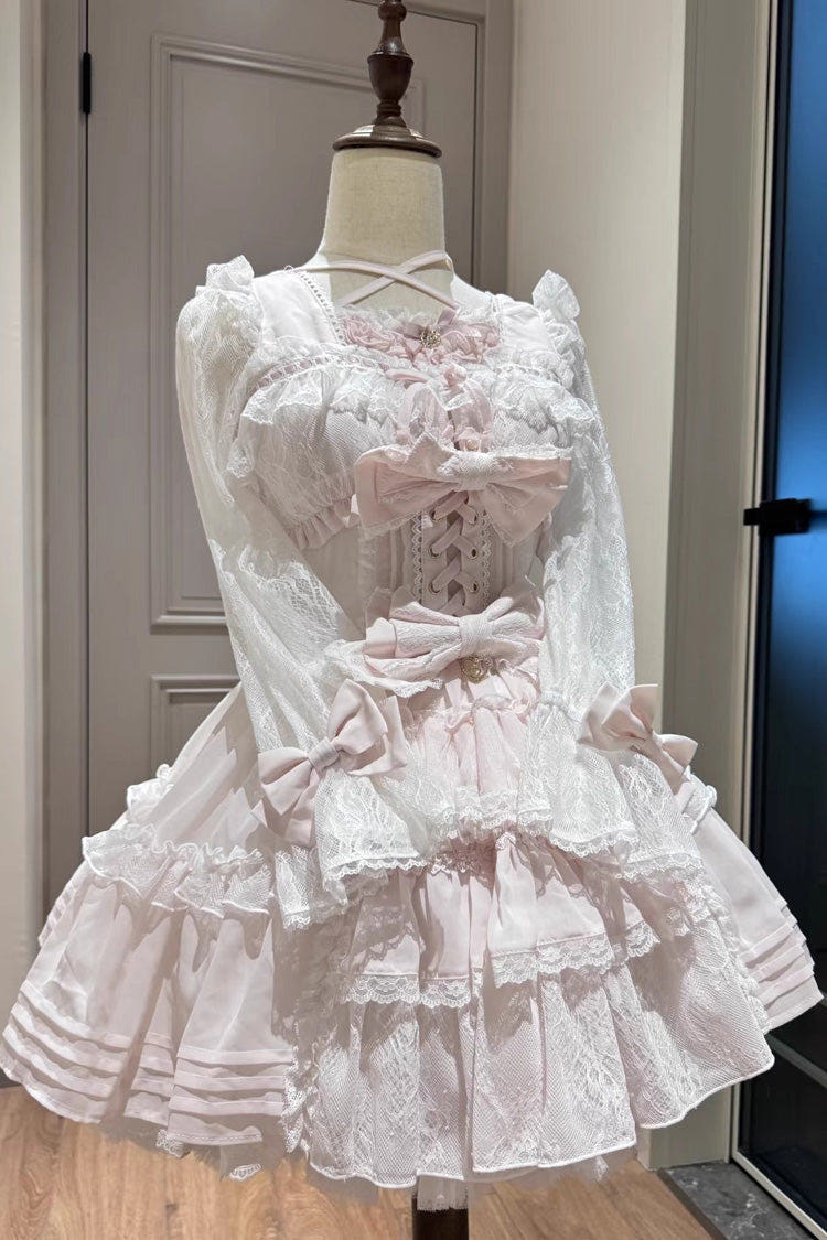 Sweet Square Collar Long Sleeves Lace Ruffle Bowknot Stitching Lace-Up Japanese Plus Size Lolita Dress 3 Colors - Pink - 1