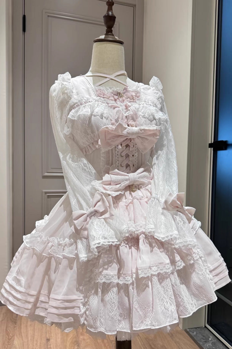 Sweet Square Collar Long Sleeves Lace Ruffle Bowknot Stitching Lace-Up Japanese Plus Size Lolita Dress 3 Colors - Pink - 1