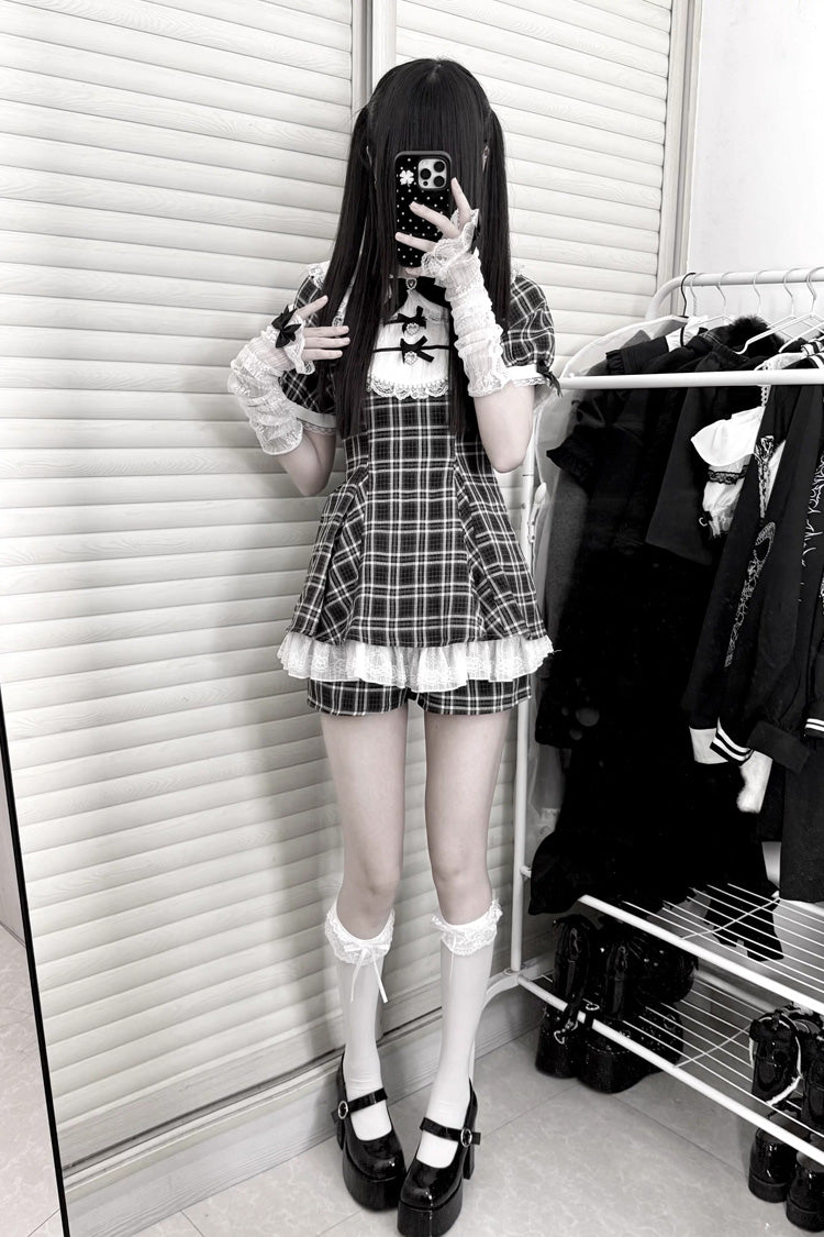 [Moonlight Whispers] Jirai Kei Rabbit Ears Doll Collar Short Sleeves Printed Ruffled Bow Lace Gothic Japanese Dress Shorts Set 2 Colors - Product - 5