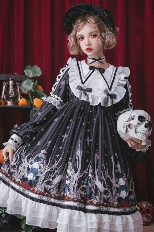 Black Rabbit'S Requiem Round Collar Long Sleeves College Style Gothic Lolita OP Dress - Product - 3