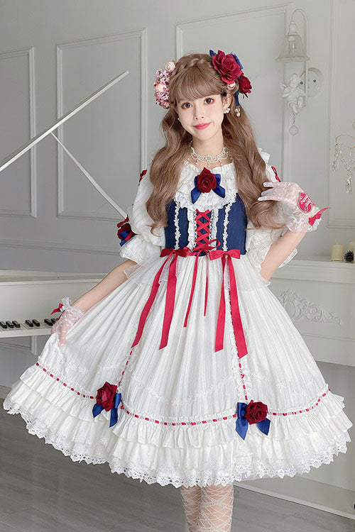 Blue/White Round Collar Bowknot Short Sleeves Multi-Layer Ruffled Sweet Lolita OP Tiered Dress - Product - 2