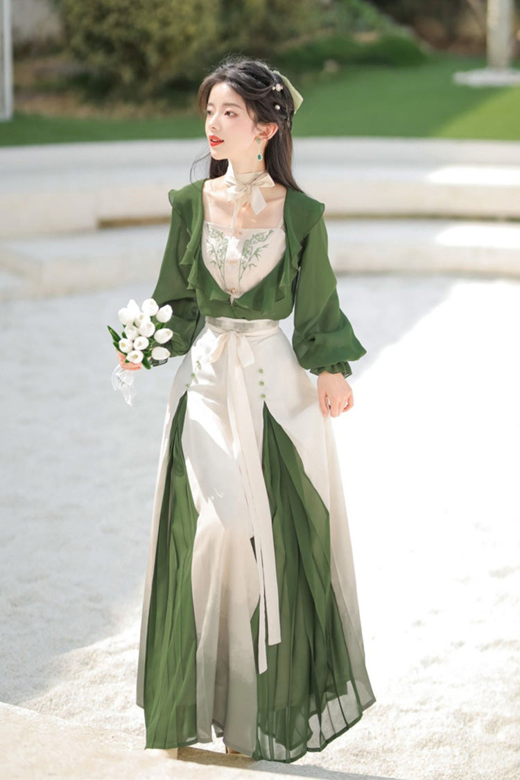 Green/White Dance igh Waisted Chinese Style Hanfu Dress Set - Product - 3