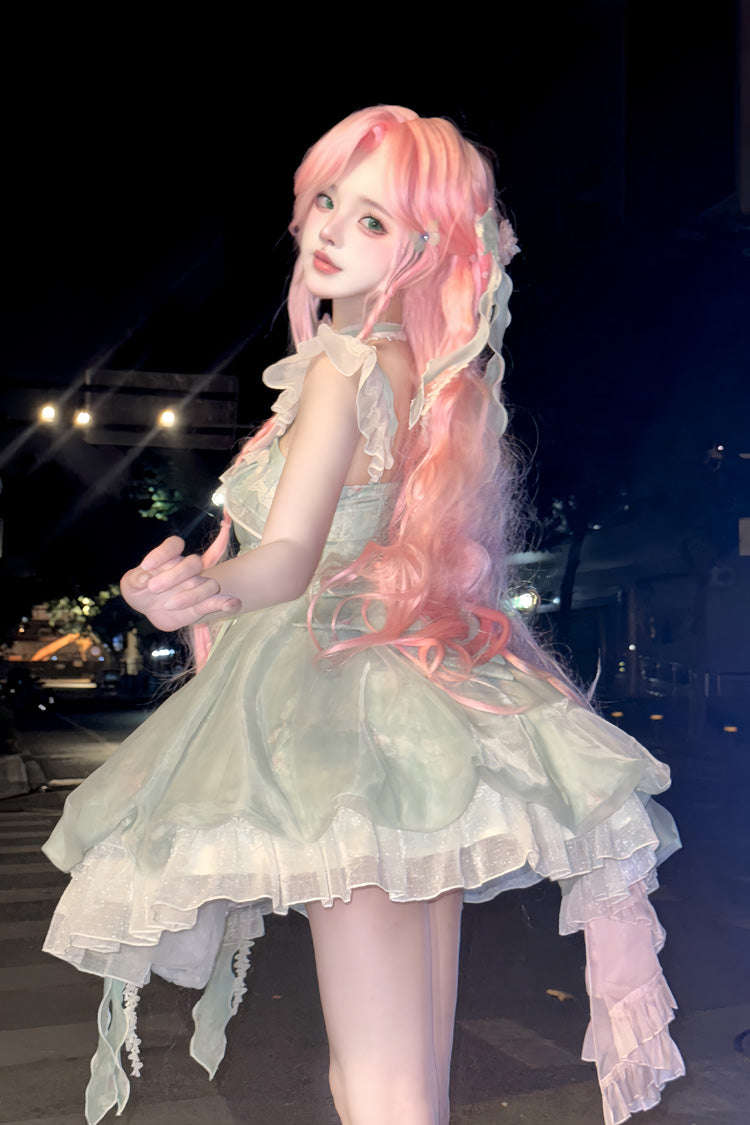 Green Flower Fairy Forest Garden Print Ruffle Bow Lace Sweet Lolita Dress detail view 8