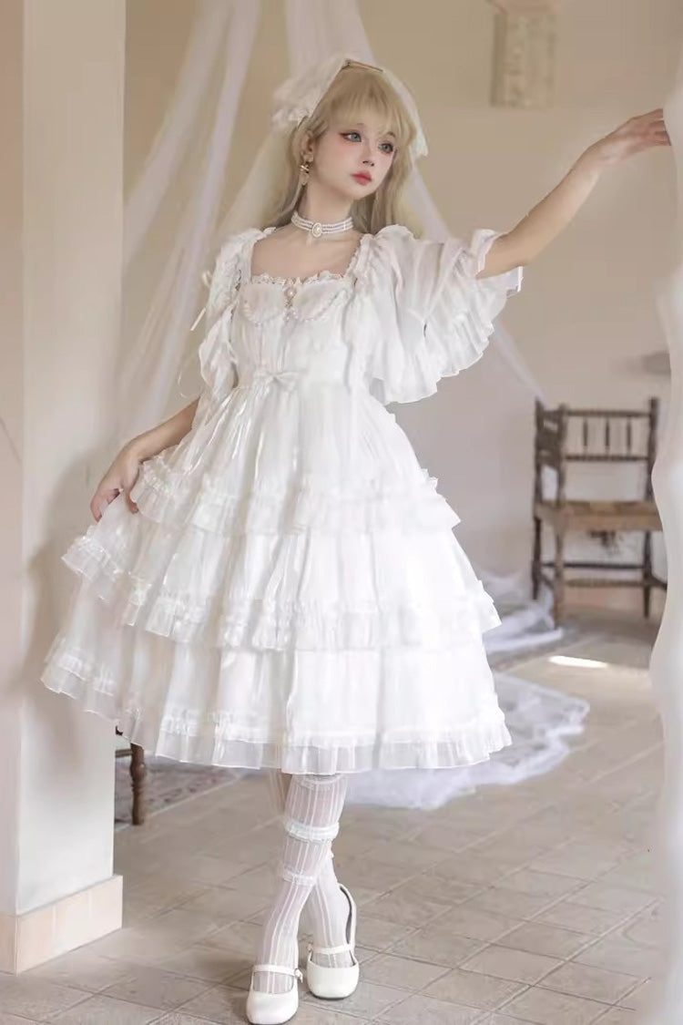 White Star Gauze Romance Multi-layer Ruffle Bowknot Sweet Elegant Princess Lolita Jsk Dress - White - 1