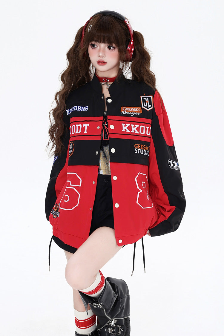 [Biker Girl] Long Sleeves Print Embroidery Zipper Detachable Jirai Kei Coat 3 Colors - Product - 3