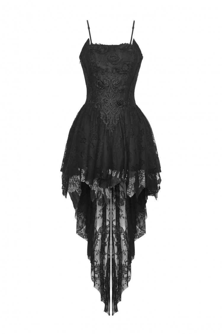 Black Sleeveless Rose Lace Lace-Up Women's Gothic High Low Dovetail Slip Wedding Dress - Product - 3