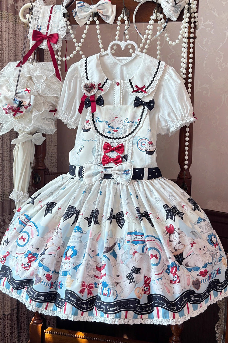 Beige [Mystery Rabbit Tea Party] Sleeveless Print Bowknot Lace Sweet Lolita Strap Dress - Product - 3
