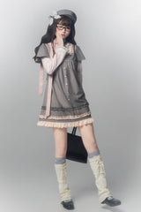 Grey [Polka Dot Bouclé] Round Collar Long Sleeves Printed Ruffled Faux Two-Piece Sweet Japanese Lolita Dress - Product - 9