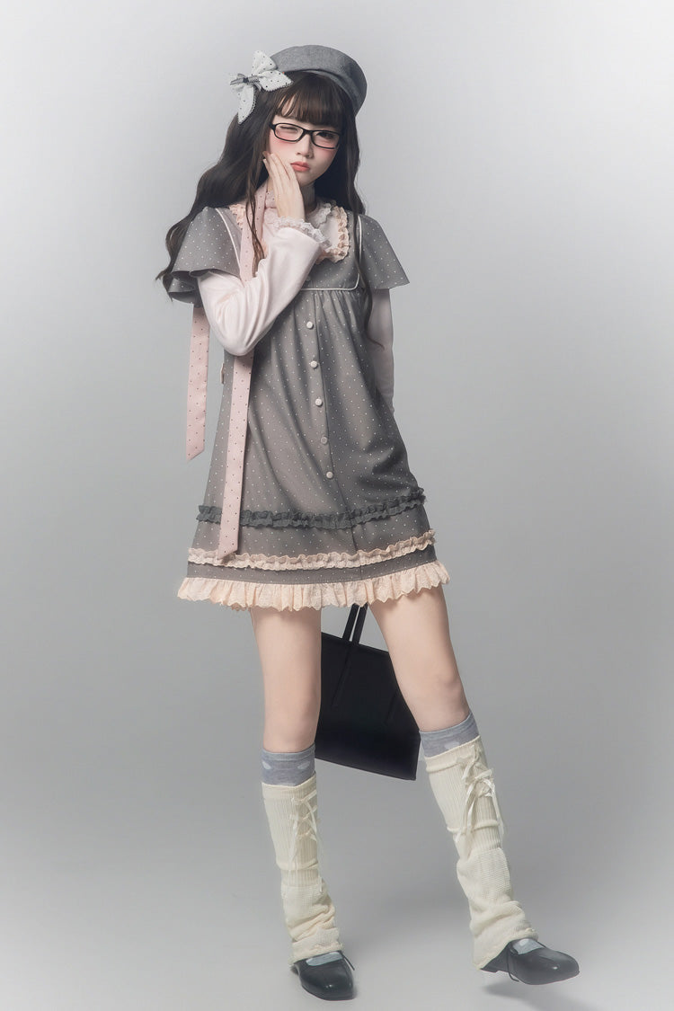 Grey [Polka Dot Bouclé] Round Collar Long Sleeves Printed Ruffled Faux Two-Piece Sweet Japanese Lolita Dress - Product - 9