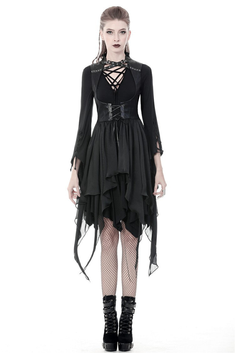 Black Chiffon Sleeveless Cut-Out Chest Irregular Hem Lace-Up Buckled Women's Punk Jacket - Product - 5