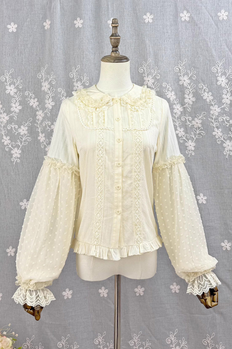 [Candy Stick] Doll Collar Long Lantern Sleeves Ruffled Lace Sweet Elegant Lolita Blouse 4 Colors - Apricot - 2