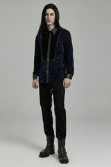 Black/Blue Lapel Collar Stitching Slim Men's Gothic Blouse - Product - 4