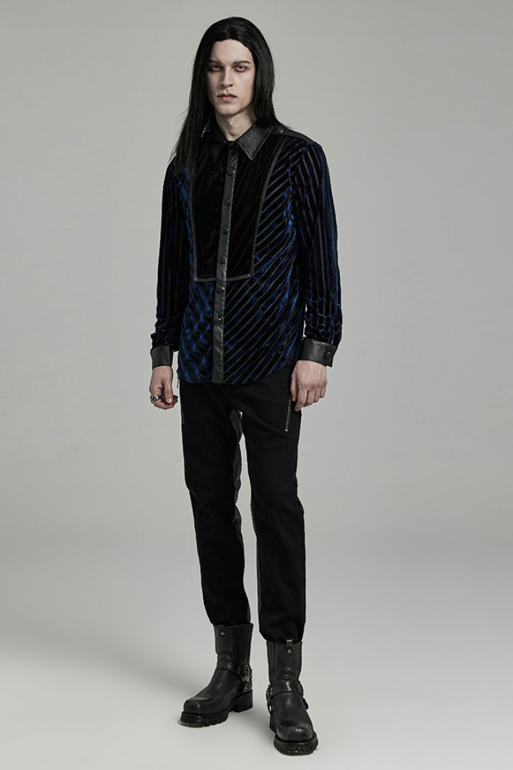 Black/Blue Lapel Collar Stitching Slim Men's Gothic Blouse - Product - 4