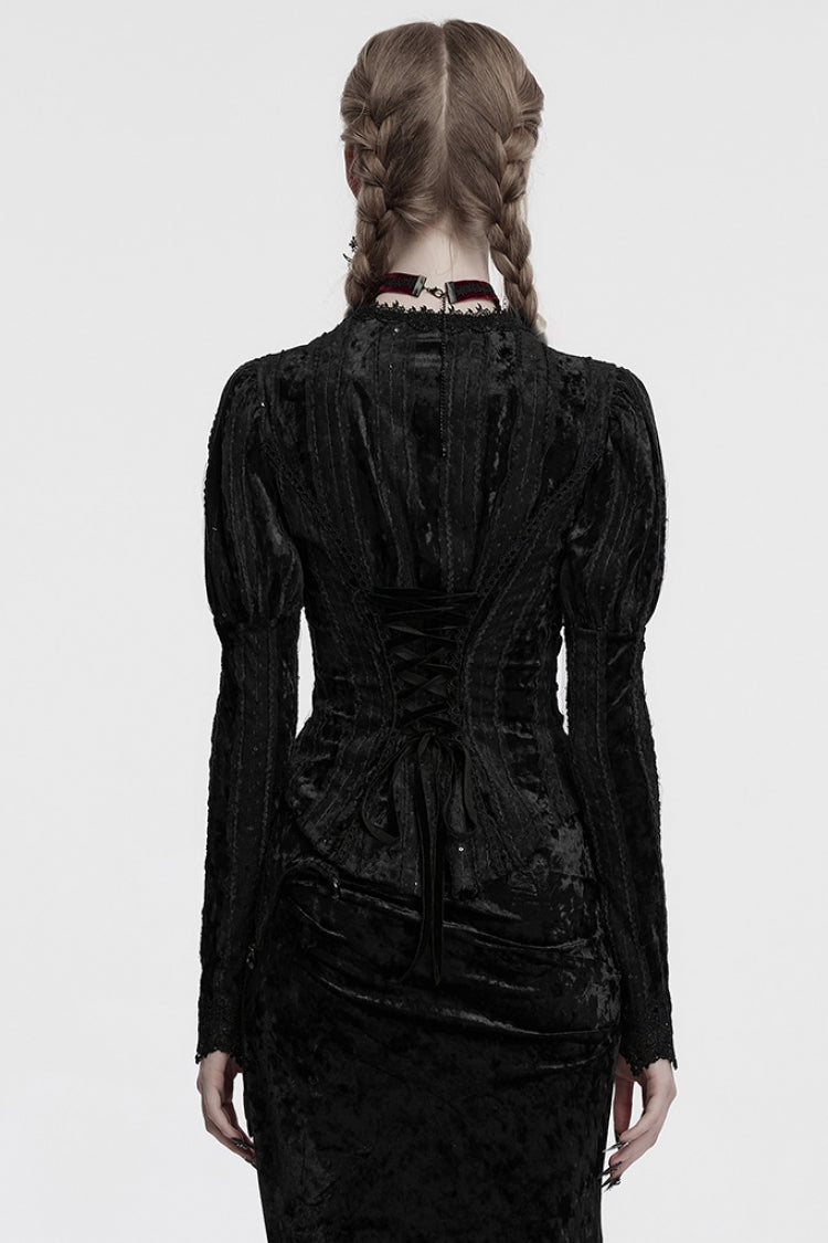 Black V Collar Long Puff Sleeves Women's Gothic Blouse - Product - 3