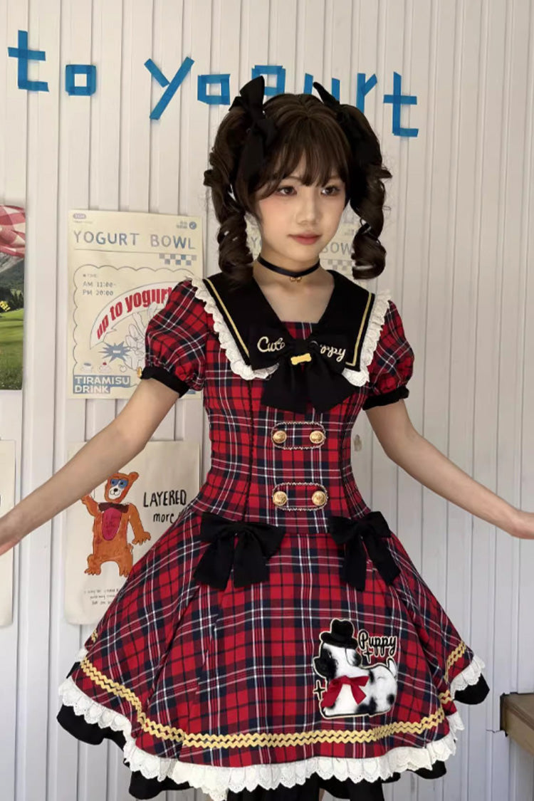 Red [Dalmatian] Short Sleeves Print Ruffle Bowknot Slim Sweet Lolita Dress - Product - 9