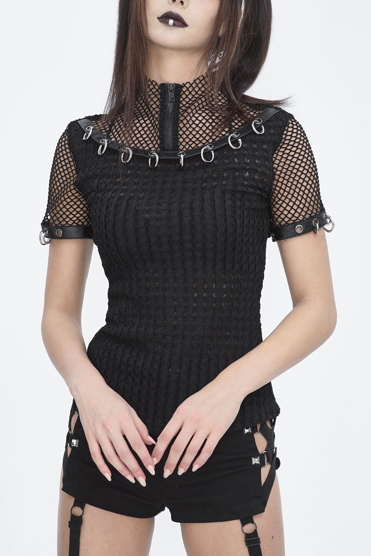 Black Mesh Rings Short Sleeved Womens Punk Top - Black - 1