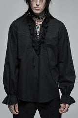 Black Gothic Pure Cotton No Elasticity Neckline Pleats Lace Ruffle Embroidery Tie Rope Design Men's Shirt - Black - 1