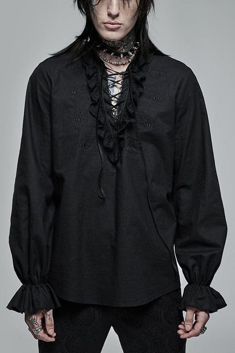Black Gothic Pure Cotton No Elasticity Neckline Pleats Lace Ruffle Embroidery Tie Rope Design Men's Shirt - Black - 1
