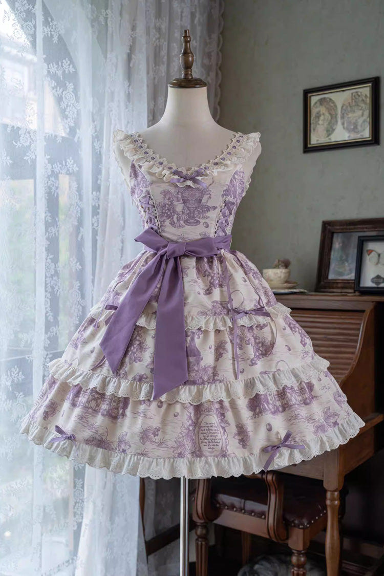 Purple [Grape Moon Almanac] Sleeveless Multi-Layered Printed Ruffled Bow Adjustable-Length Sweet Lolita Jsk Dress - Product - 4