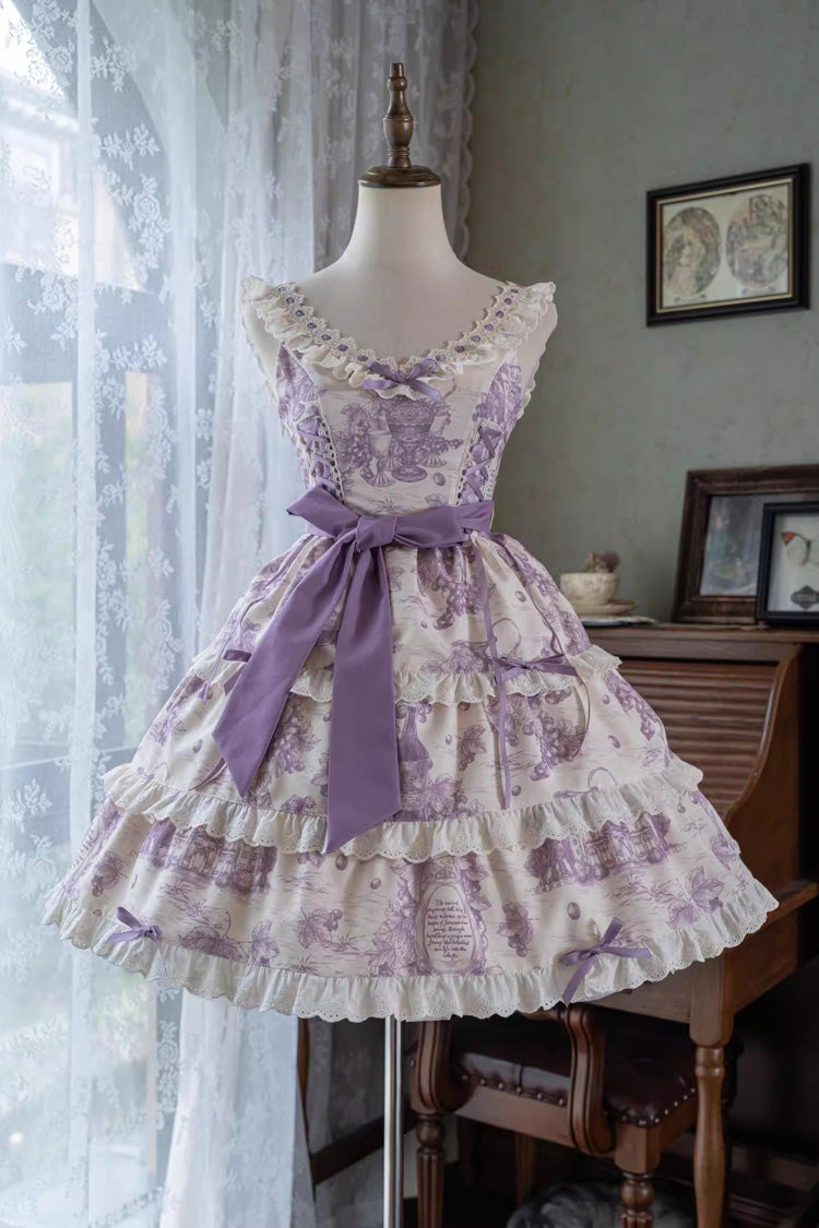 Purple [Grape Moon Almanac] Sleeveless Multi-Layered Printed Ruffled Bow Adjustable-Length Sweet Lolita Jsk Dress - Product - 4