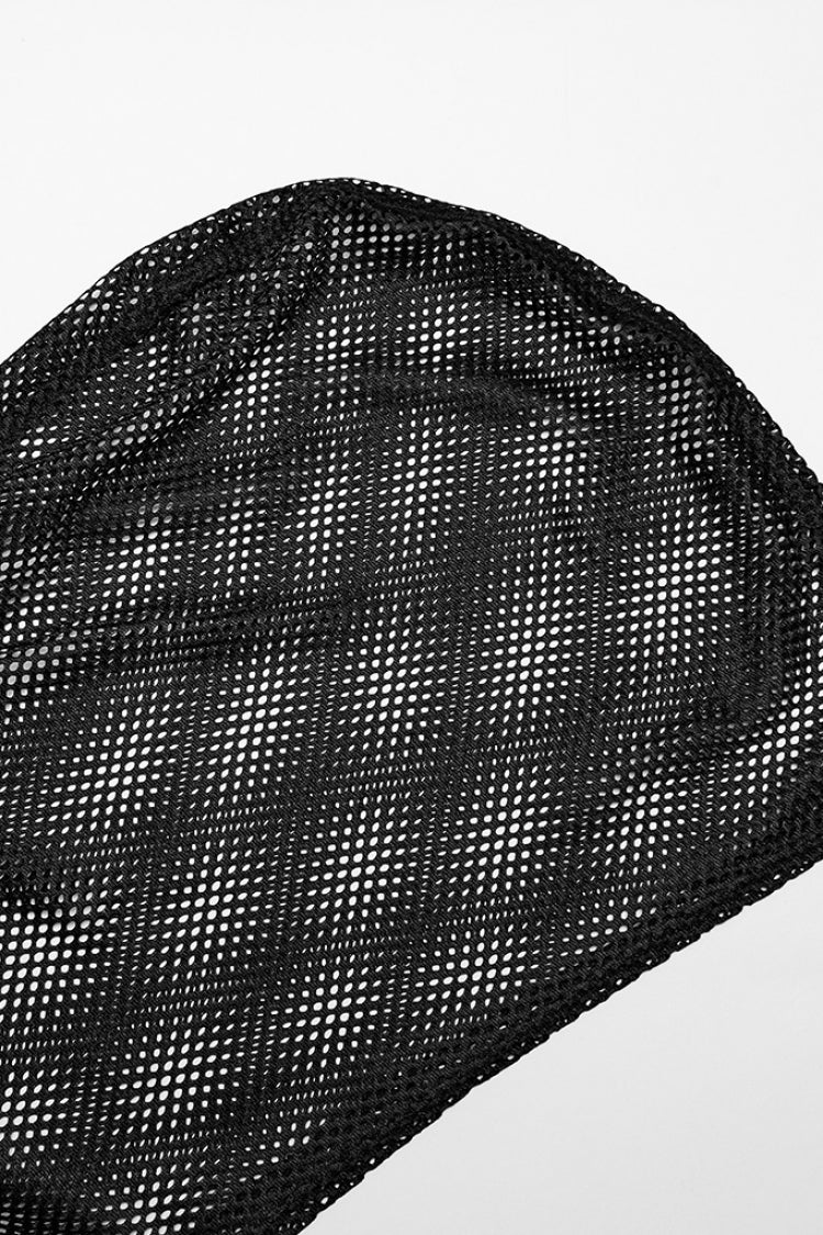 Black Sleeveless Irregular Hooded Mesh Eyelet Men's Punk Vest - Product - 5