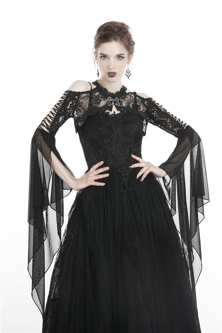 Black Off Shoulder Sheer Lace Long Trumpet Chiffon Sleeves Cut-Out Women's Gothic Capelet - Black - 1