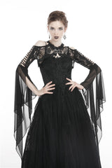 Black Off Shoulder Sheer Lace Long Trumpet Chiffon Sleeves Cut-Out Women's Gothic Capelet - Black - 1