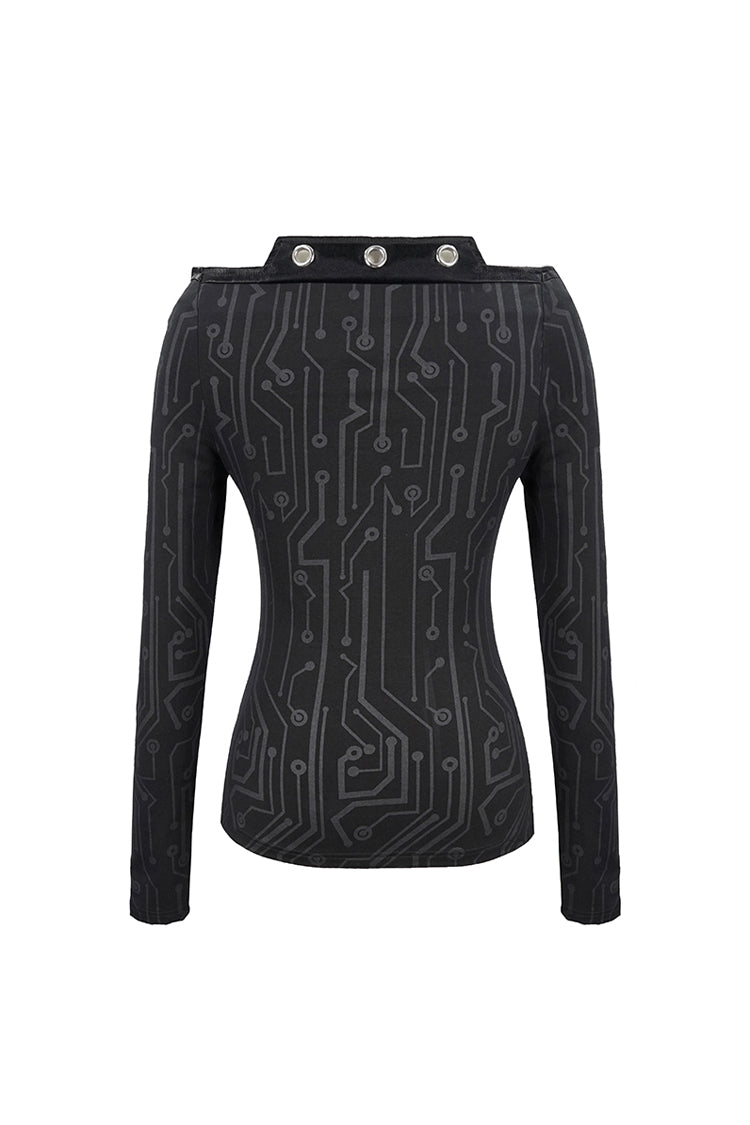 Black Printed Circuit Board Pattern Off-Shoulder Leather Strip Rivet Tight Women's Punk T-Shirt - Product - 8