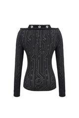 Black Printed Circuit Board Pattern Off-Shoulder Leather Strip Rivet Tight Women's Punk T-Shirt - Product - 8