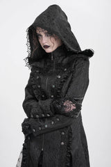 Black Stand Collar Long Sleeves Ruffle Hooded Women's Gothic Long Coat - Product - 10