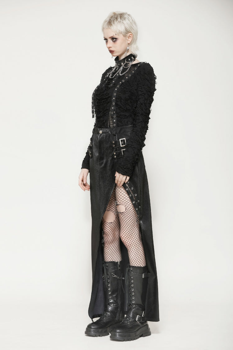 Black Leather Women's Punk Buckled Side Slit Irregular Hem Skirt - Product - 12