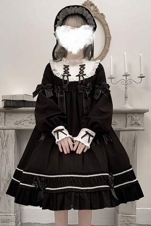 Black Bowknot Ruffled Long Sleeves Lolita OP Gothic Lolita Dress - Product - 2