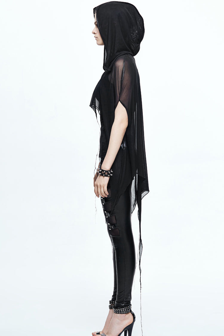 Black Mesh Wavy Sideline Long Women's Punk Hooded Bat Shawl - Product - 5