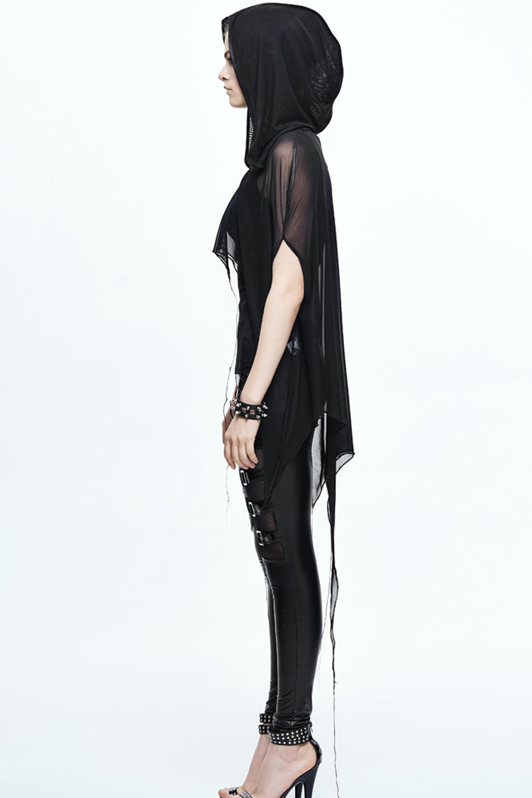 Black Mesh Wavy Sideline Long Women's Punk Hooded Bat Shawl - Product - 5