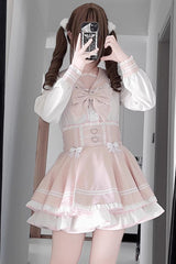 White/Pink [Snow-Kissed Rose] Navy Collar Long Sleeves Triple-Layered Ruffled Bow Sweet Jirai Kei Japanese Skirt Set - White/Pink - 1