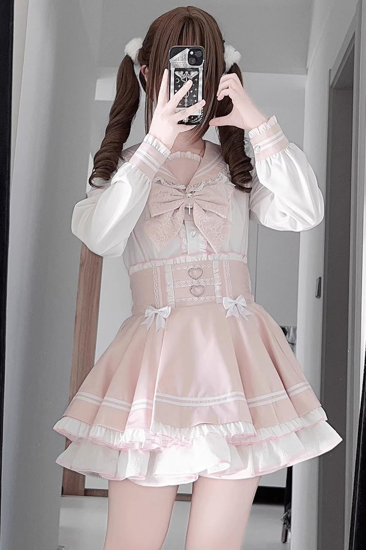 White/Pink [Snow-Kissed Rose] Navy Collar Long Sleeves Triple-Layered Ruffled Bow Sweet Jirai Kei Japanese Skirt Set - White/Pink - 1