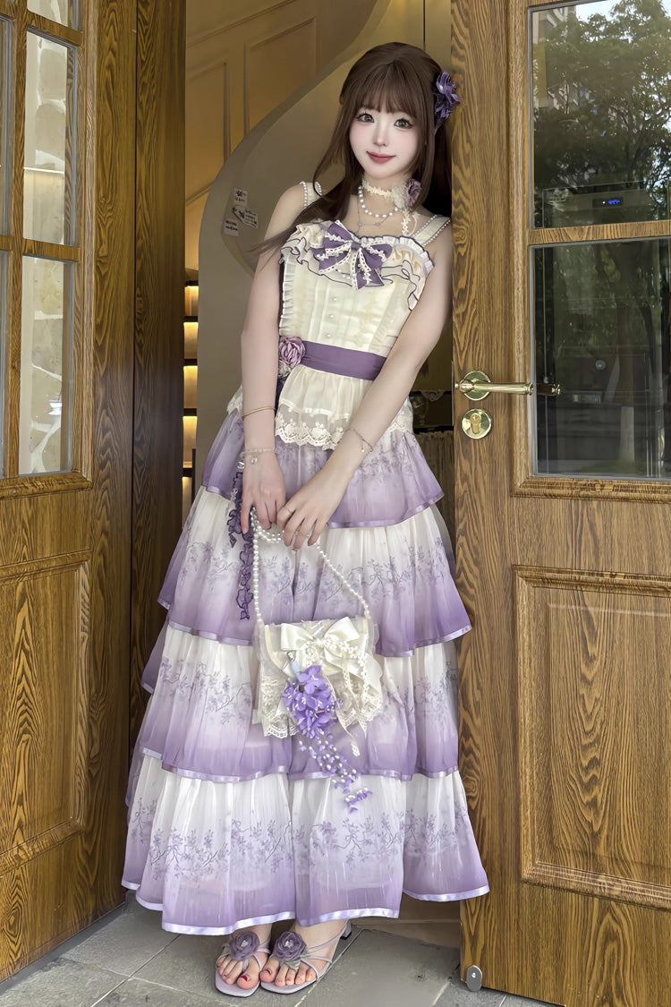 Purple [Lilac Thoughts] Sleeveless Gradient Multi-Layered Print Ruffle Bowknot Lace Sweet Lolita Dress Set - Purple - 1