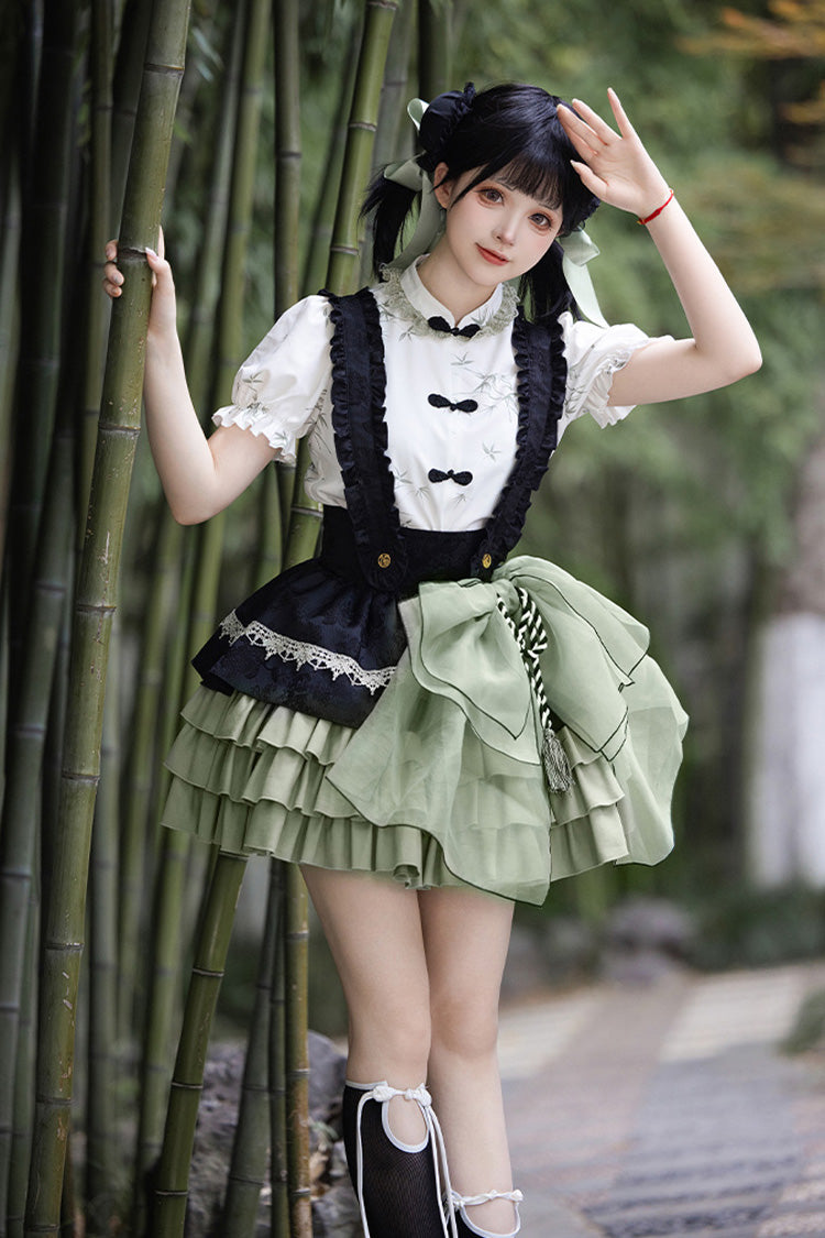 Black/Green Multi-Layered Bamboo Leaves Print Ruffle Bowknot Sweet Chinese Style Lolita Skirt Set - Black/Green - 1