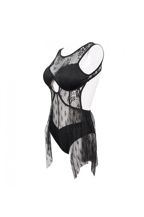 Back Lace Stitching Cross Strap Lace Up Gothic One Piece Swimsuit - Product - 13
