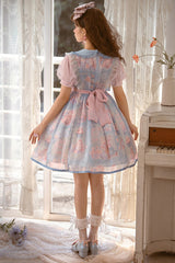 Pink/Blue Doll Collar Short Sleeves Rabbit Candy Paper Print High Waisted Sweet Lolita OP Dress - Product - 4