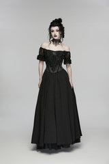 Black Off Shoulder Short Puff Sleeves Ruffled Hanayome Embroidered Lace Women's Gothic Elegant Gorgeous Dress - Product - 1